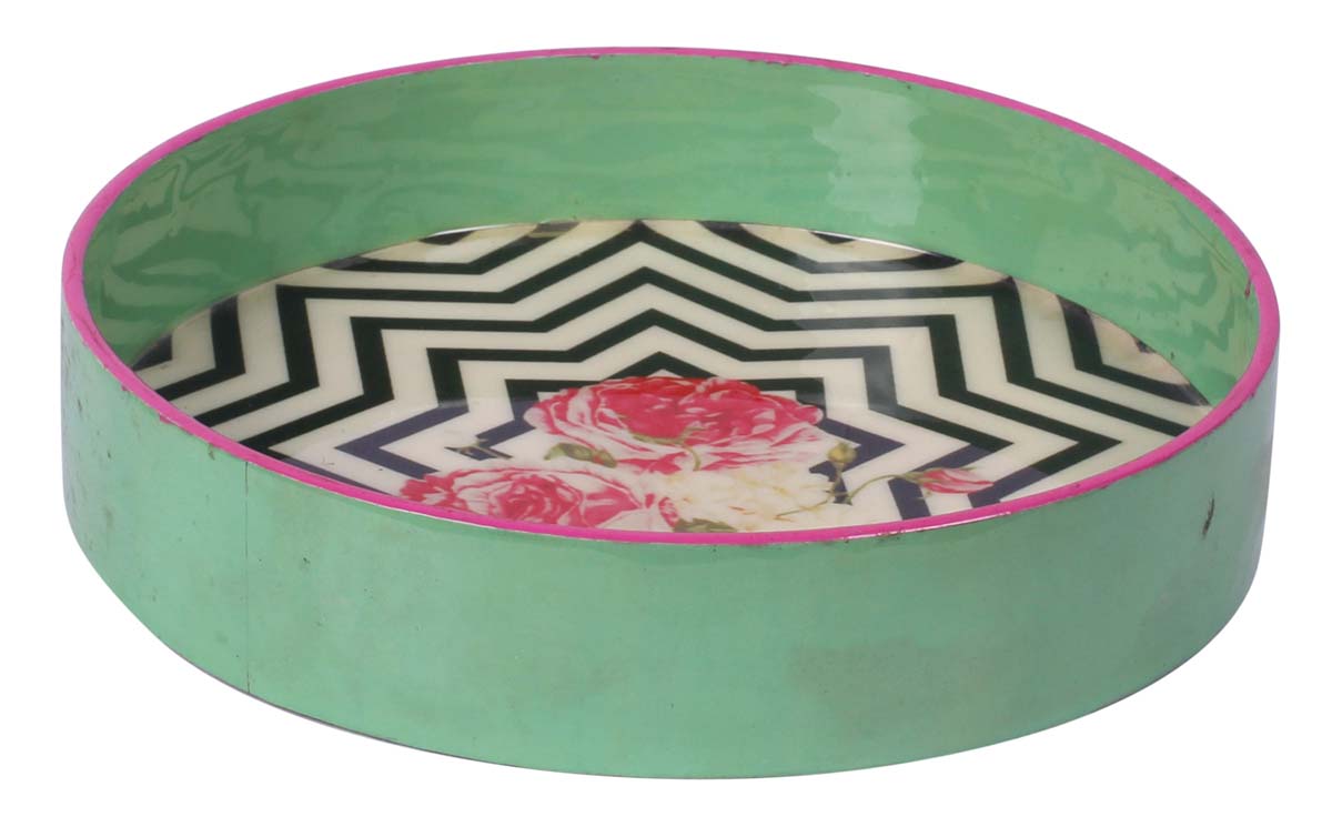 Buy in Bulk Wholesale Round Tray in MDF 8” Decorative with Enamel Work in Floral Pattern - Pastel Green, Pink and more - Accessory Organizer/Home Essentials/Decor